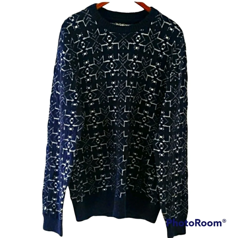 French Connection Mens Crewneck Cotton Sweater Blue with White Snowflakes